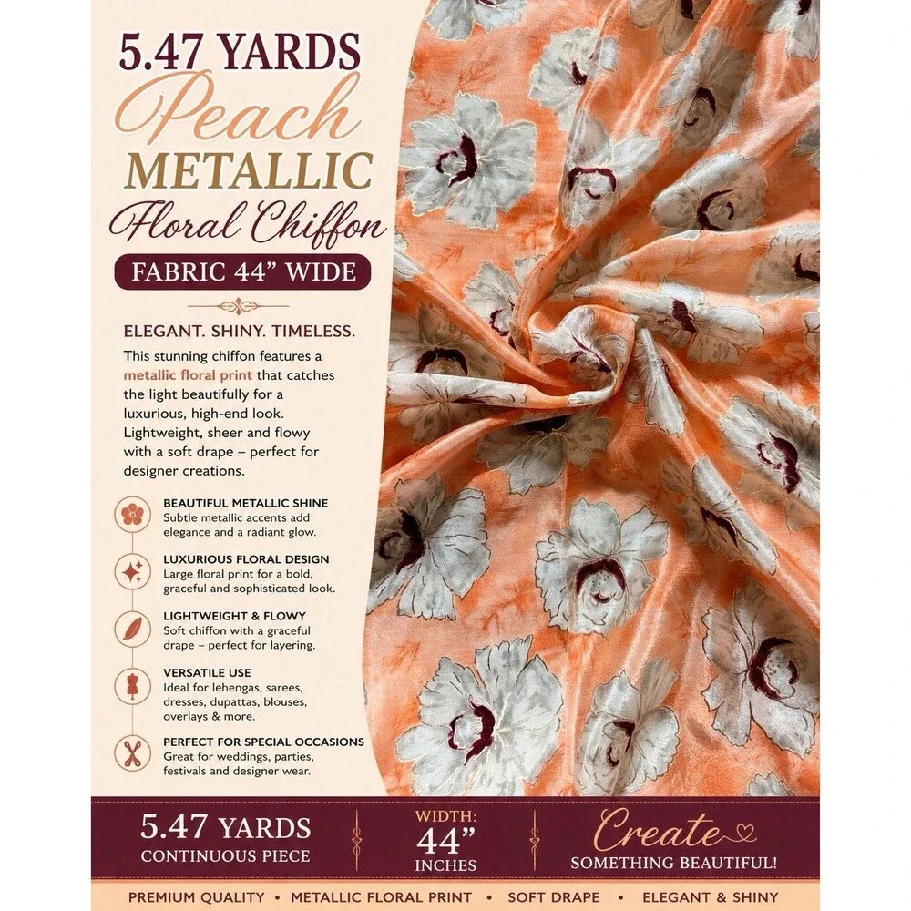 5.47 Yds Peach Metallic Floral Chiffon Fabric 44” Wide Elegant Fabric